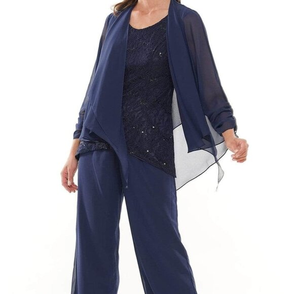 NWT Marsoni by Colors M303 Chiffon/Stretch Lace Formal Pantsuit Navy Size 10